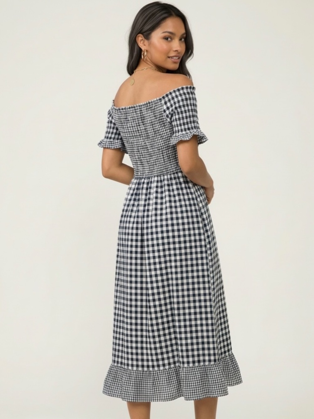 POL Navy White Gingham Midi Dress | Smocked Off Shoulder Checkered Dress - Picture 6 of 7